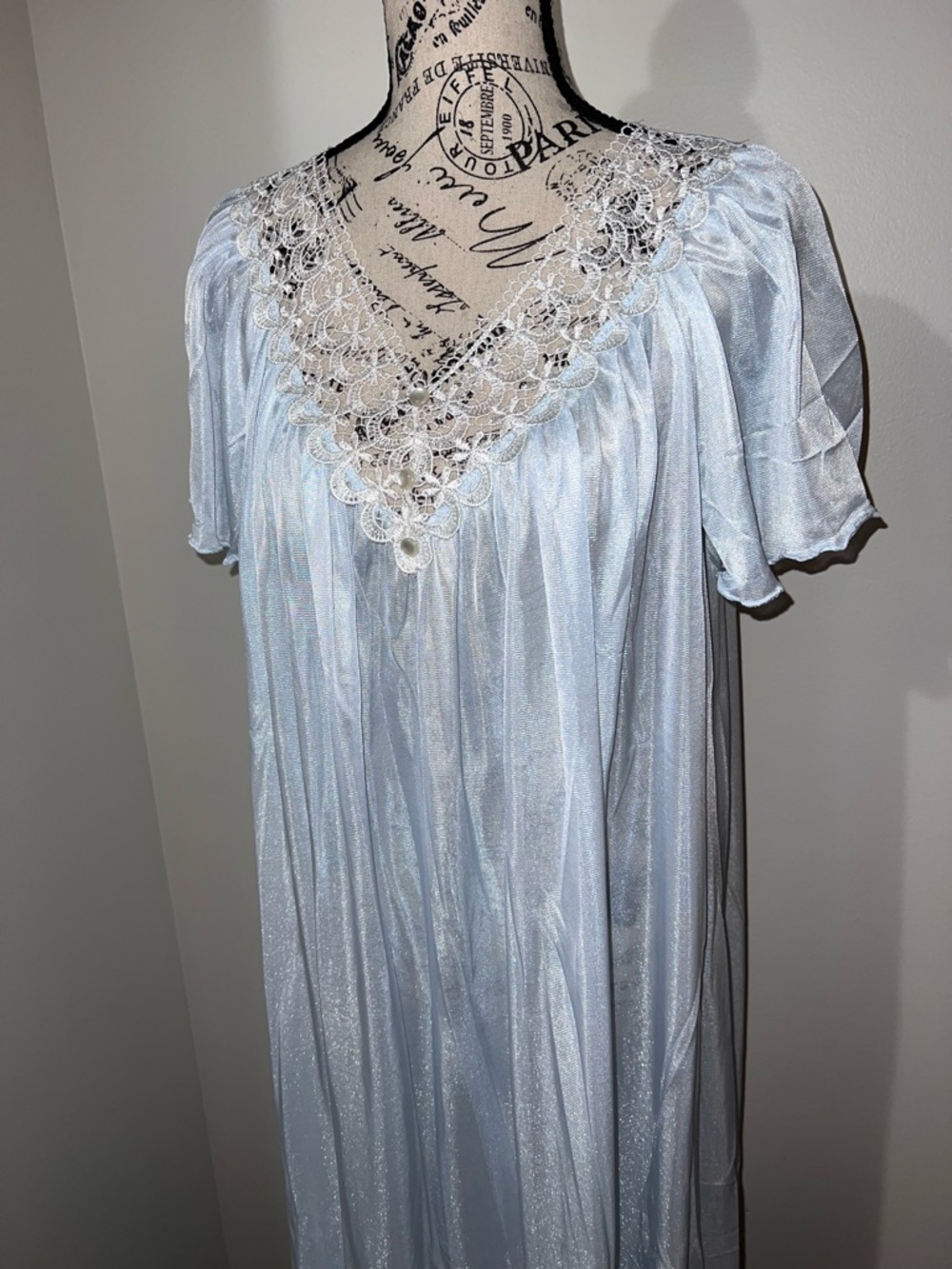 Granada Blue Liquid Satin Maxi Nightgown Lace Pearl Button Detail Medium - Picture 2 of 8